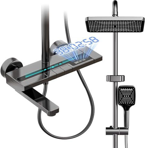 YJYAJIE Duschkopf Regendusche mit Armatur, Duscharmatur Komplettset mit LED-Anzeige, Quadratische Regendusche 31x20cm, 3 Strahlarten Handbrause, Dusche Komplett mit Edelstahl Duschstange 135cm