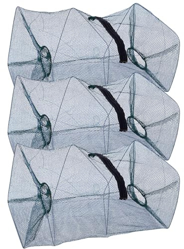 3 trampas para peces, 8 x 8 x 21 pulgadas, trampa para pececillos portátil plegable de nailon con 2 orificios de entrada y apertura de cremallera, red de pesca al aire libre, trampa para peces, tr