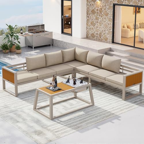 Merax Gartenlounge Set Outdoor, Modulares Gartenmöbel Set mit Verstellbarer Rückenlehne, Loungemöbel Garten mit Ausklappbaren Armlehnen & Eisbehälter Tisch, für Terrasse, Balkon, Pool,Beige