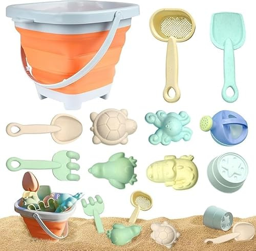 Neuytiky Sandleksak | 11-delat set med vikbar hink och djurformer | BPA-fritt verktyg för strand och sandlåda | Leksaker för barn 1–3 år (makaron-färger, slumpmässig färg)