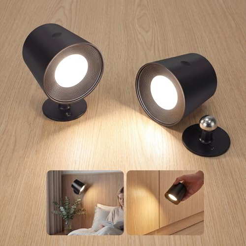 Homefire LED Wandleuchte Innen Wandlampe Akku: Wandleuchte ohne | Stromanschluss Kabellose 360 Drehbare Touch Dimmbare Leselampe Nachtlicht Wohnzimmer Schlafzimmer Treppe Flur Schwarz 2 Stück