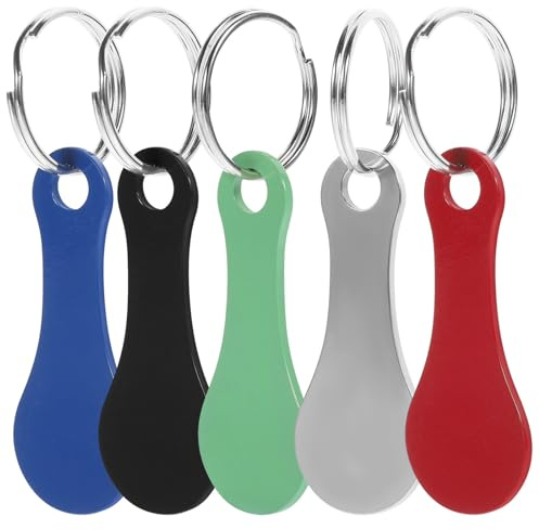 BAZEITFLOW 5pcs Shopping Cart Tokens Keyrings Stainless Steel Key Chain Set Portable Trolley Pendant for Grocery Shopping Hanging Keyring