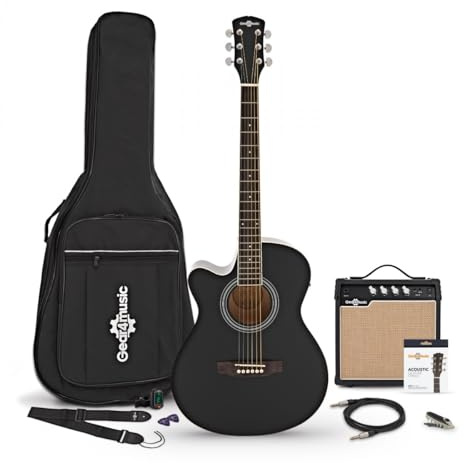 Single-Cutaway-E-Akustikgitarre für Linkshänder, 15W-Verstärker, Schwarz | Linkshänder, Alles was ein Angehender Gitarrist Braucht, Integrierter Vorverstärker mit 3-Band-EQ, 15W-Set, Schwarz