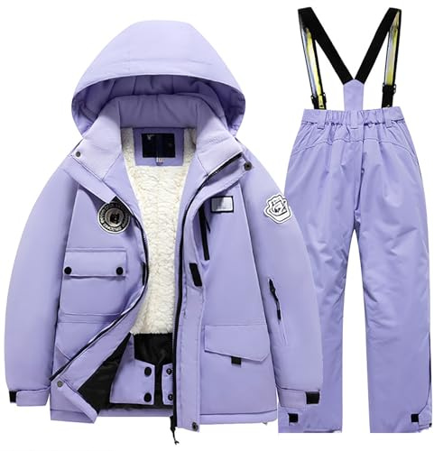 Generisch Combinaison de ski pour garçon avec poche en polaire - Veste et pantalon - Coupe-vent - Unisexe, lilas, 14-16 ans