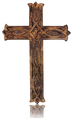 Wooden Religious Catholic Crucifix Cross Wall Hanging French Plaque Floral Carvings Living Room Home Decor Accent Church Chapel Altar Wall Art Decor Display Antiqued Rustic Finish 12 x 16 Inches