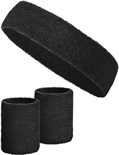 Balinco 3-teiliges Schweißband-Set für Damen & Herren – Weiche, Dehnbare und Saugfähige Schweißbänder, Frottee-Stirnband und Handgelenkbänder für Sport, Karneval und 80er/90er Kostüme