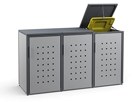 MEISTERBOX – 3er Mülltonnenbox Mülltonnenverkleidung mit Klappdach - 120L - Korpus Signalgrau/Pfosten & Dach Anthrazit