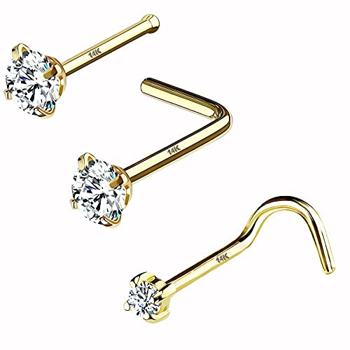 OUFER Kroppspiercing näsringar 20 g näspiercingar 14 k massivt guld L-formad nässkruv näsa ben näsa skruv näsa näsa piercing smycken, Guld, Kubisk zirkon