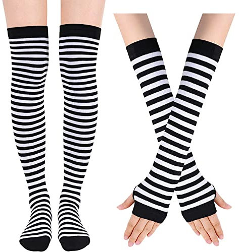 sockfun Regenbogen-Armstulpen mit langen Streifen, Gothic-Stil, Beinstulpen für Damen, Oberschenkelhohe Gothic-Socken, Weiß gestreift