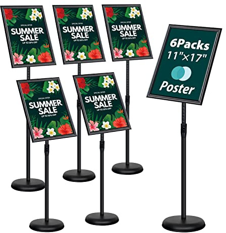 PUJIANG 6Packs 11x17 Inch Adjustable Sign Holder Poster Stand, Heavy Duty Floor Sign Stand with Aluminum Snap Open Frame for Vertical and Horizontal Sign Displayed(Black)