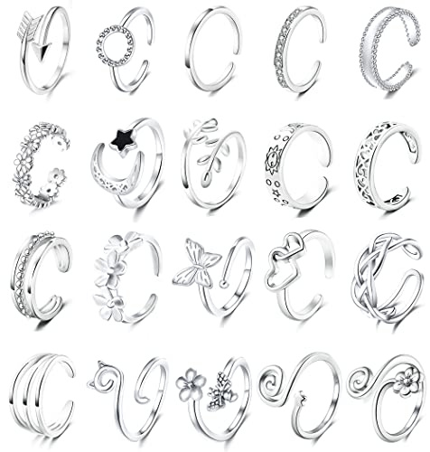 Staligue 20pcs Adjustable Toe Rings Set for Women Fingers Joint Tail Summer Beach Arrow Flower Open Rings Foot Jewelry (Silvery)