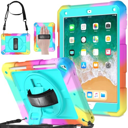 SINSO Case for iPad 9.7 inch 6th/5th Generation 2018/2017, Air 2/Pro2016, Heavy Duty Shockproof iPad Cover with 360° Rotating Hand Strap & Stand/Pencil Holder/Carrying Strap, Turquoise