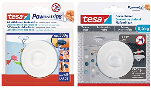 tesa Powerstrips Deckenhaken - Selbstklebender, drehbarer Haken in Weiß zum Aufhängen von Decken-Dekoration - Bis zu 500 g & Deckenhaken Tapeten & Putz - selbstklebender Haken - bis zu 0,5kg