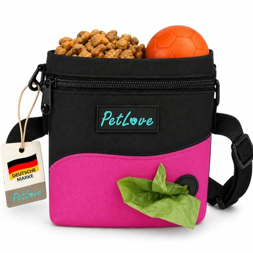 PetLove Leckerlibeutel für Hunde • Futterbeutel mit Magnetverschluss • Inklusive Kotbeutelspender & verwendbar als Bauchtasche • Pink