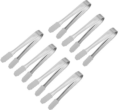 uxcell Serving Tongs, 7pcs 5.3Inch - Stainless Steel Ice Tongs with Silicone Head, Tiny Tongs for Appetizers, Sugar, Desserts, Bar, Cafe (Silver)