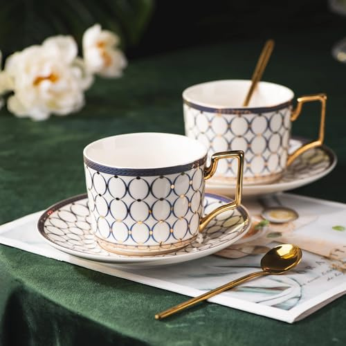 CwlwGO- European Bone China Tea Cup Sets Of 2,Elegance Blue and White Ceramic Cup and Saucers, For Women Tea Parties or Gifts Giving.