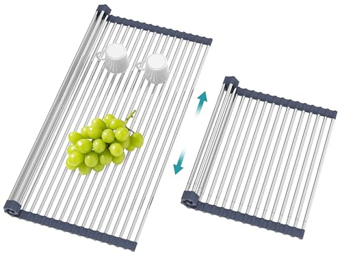 BBXTYLY Extra Large Expandable Roll Up Dish Drying Rack,Over The Sink Drying Rack Sink Cover Kitchen Sink Accessories Kitchen Rolling up Stainless Steel Drainer, Foldable,Rollable（Gray，22.8''-17.3''）