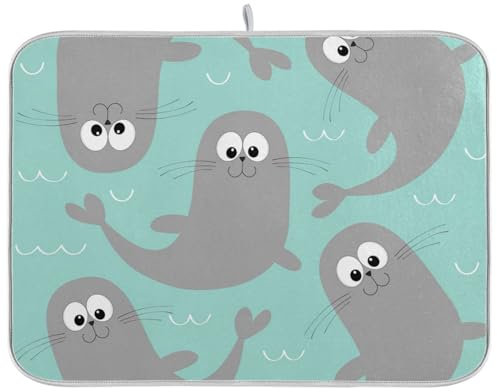 Seelöwe Tier Harfe Robbe Welpe Niedlich Geschirr Trocknen Matte Mikrofaser Matten Super Saugfähig Weich Medium Spülbecken Matten 40,6 x 45,7 cm für Küche Theken Restaurant Kaffee Bars