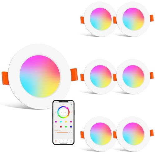 HYDONG LED Downlights for Ceiling Compatible with Alexa, 8W Colour Changing Recessed Ceiling Light, Smart RGB & 2700K-6000K Bluetooth Spotlights, IP44 Ceiling Lights for Bedroom Living Room, 6 Pack