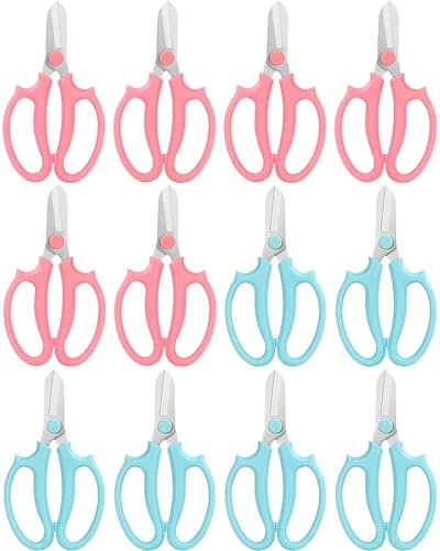 BINCKIN Floral Scissors - 12Pcs Stainless Steel Florist Scissor, Flower Scissors for Fresh Flowers, Garden Plant Shears Stems Cutting (Blue, Pink)