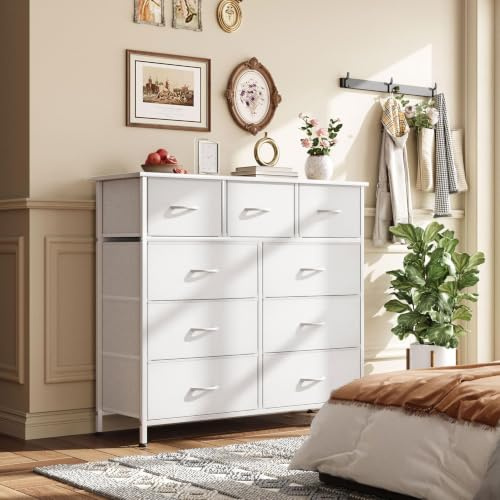 CAIYUN Chest of Drawers with 9 Drawers, Fabric Storage Dresser for Bedroom, Tall Drawer Organizer Unit for Entryway, Hallway, White