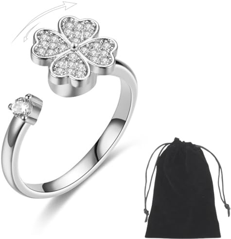 INGJIA Bague Anti-Stress Rotative en Argent - Anneau de Relaxation Ajustable pour Anxiété avec Papillon, Lune, Soleil et Cristal - pour Femme et Homme