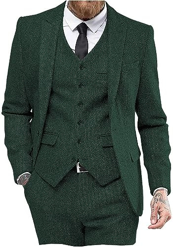 AeoTeokey Abito vintage da uomo 3 pezzi tweed spina di pesce smoking da ballo blazer con risvolti a punta testimoni, L