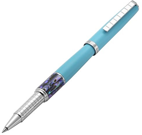 Xezo Speed Master Tintenroller Fine | Himmelblau matt mit Pāua Abalone Muschel | Verchromt | Leichter Messingkörper | Jedes Unikat