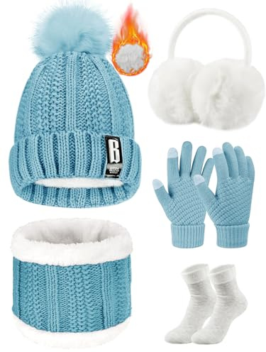 Yuson Girl handskar vintermössa öronskydd strumpor halsduk set kvinnor 5 stycken vinter skidor outing set för utomhussporter, blå, En Storlek