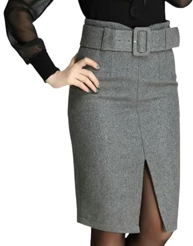 CLXLYU Bleistiftrock Elegante Midi Röcke Damen Büro Bleistift Rock Elastische Taille Paket Hip Rock Bogen Rock-Grau-L