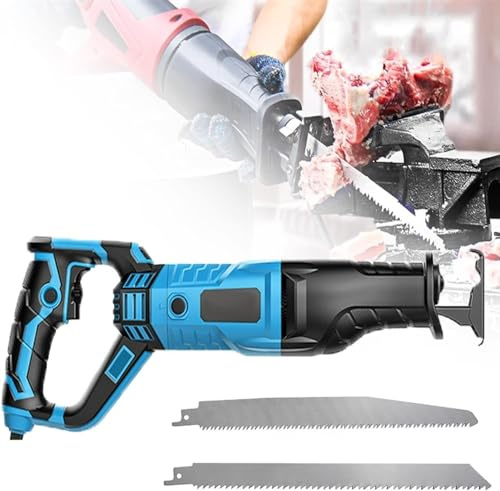Bensågmaskin, elektrisk bensåg Professionella slaktare såg Variabel hastighet elektrisk sladdad sabelsåg med blad for skärning av metall trä Fläsk Nötkött fårkött(Blue,1100W)