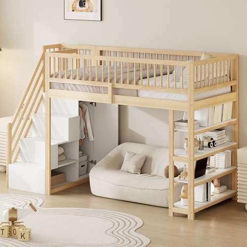 WIZBED Hochbett 90x200 mit Kleiderschrank, Regalen und Treppe, Kinderbetten Stauraumbett für Kinder, Funktionsbett Etagenbett Stockbett Jugendbett, ohne Matratze (Natur)