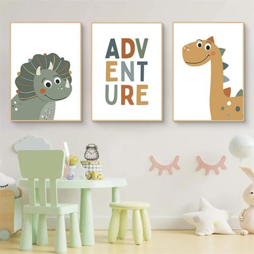 Ueiwffzo Kinderzimmer Poster 3er Set, Entzückendes Cartoon Dino Poster Set ohne Rahmen, Stilvolle Wanddeko & Wandbilder, Niedliche Leinwand Bilder für Babyzimmer Kinderzimmer Deko (A,50 x 70 cm)