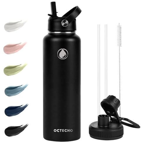 OcTecho Metal Water Bottle with Straw, 1200ml Stainless Steel Water Bottle 2 Leakproof Lids, BPA Free Double Walled Vacuum Insulated Water Bottles Thermal for 12h Hot & 24h Cold,for Man,Woman-Black
