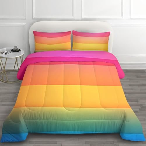 Bettdecke 200x220 Ohne Bezug Nutzbar, Regenbogenverlaufsdruck Bettdecken Waschbar Ganzjahresdecke Traum 4 Jahreszeiten Steppdecke, Bettzeug Microfaser mit 2 Kissenbezug für Sommer Winter Doppelbett