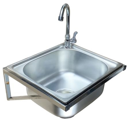 Handwaschbecken aus Edelstahl mit Wandhalterung, Handwaschbecken mit Wasserhahn für Garten, Keller, Garage, einfaches Design (38 x 33 x 18 cm)
