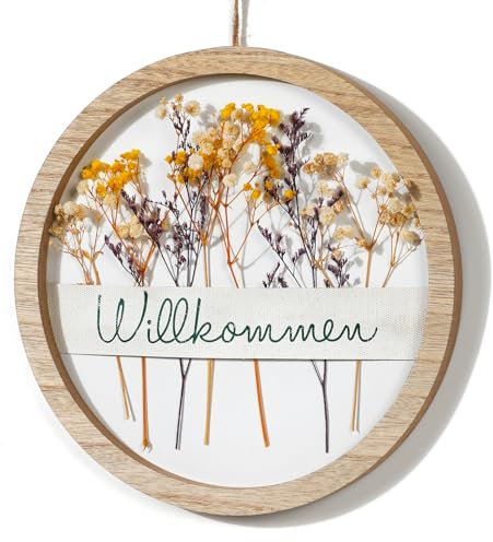 JUJOYBD Türkranz mit Trockenblumen, Willkommen Schild, 26 cm, Dekorativer Kranz mit Holzrahmen, Boho Wanddeko zum Aufhängen für Haustür Wand Fenster