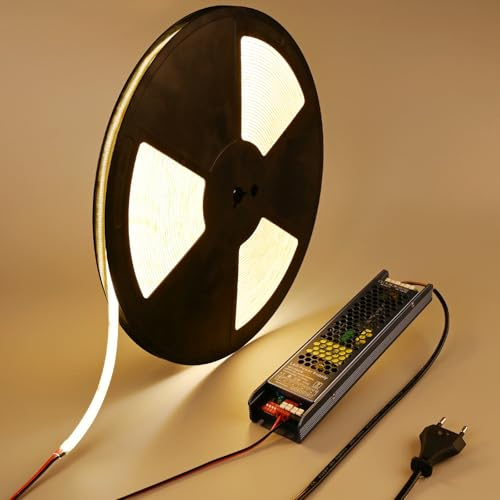 BENLUN 48V COB LED Streifen Aussenbereich Wasserdicht 20m | 3000K Warmweiß LED Strip Outdoor Selbstklebend 160W CRI 92 mit Netzteil für Schlafzimmer Zimmer Dekoration