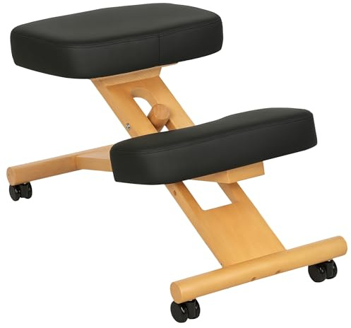 HOMCOM Silla Ergonómica de Rodillas con Altura Ajustable, Silla Ergonómica Postural para la Oficina y el Hogar, Taburete Ergonómico de Rodillas de Madera con Ruedas, Negro