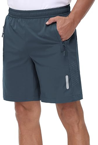 Rvinroo Sportshorts för män 8 tum med blixtlåsficka - snabbtorkande tekniskt tyg för löpning, gym, avslappnad promenad och lätt basket - ventilerande träningsshorts, Cyan grå, XXL
