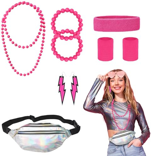 80er Jahre Accessoires, Bad Taste Outfit Damen, 80 Jahre Kostüm Zubehör für Damen Set Bauchtasche,Neon Beinwärmer,Stirnband,Armband,Blitz-Ohrringe, für 80er Jahre Thema Party Zubehör, Rosenrot
