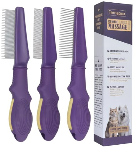 Temapex 3PCS Pet Comb for Grooming Long & Short Haired Cats & Dogs With Stainless Steel Metal Teeth for Removes Tangles & Flea, Non-Slip & Anti-Static Rubber Handle, Safe & Gentle
