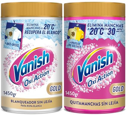 Vanish Oxi Action Gold - Quitamanchas multibeneficio, blanqueador y potenciador del lavado, para ropa blanca y de color, En Polvo, Sin Lejía - Pack Mixto 2 x 1,45kg (2,9Kg)