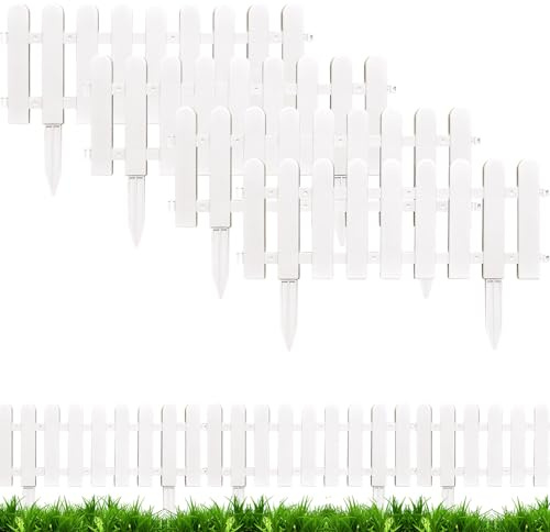 4 Stück Gartenzaun zum Stecken, Steckzaun Beetumrandung Höhe 20/30 cm, Garten Zaun für Draußen, Zierzaun mit Erdungsstecker, Weiß Zaunelemente für Garten, Rasenkante Kunststoff Gartenzäune (2A)