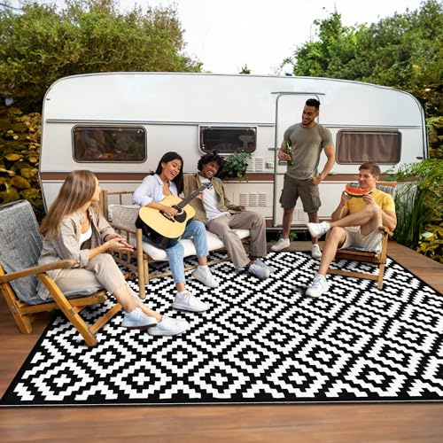 Green Decore Alfombra reversible de plástico reciclado para camping y picnic, ideal para jardín, patio, pícnic, terraza, resistente a las manchas y al agua, color negro y blanco, 150 x 240 cm