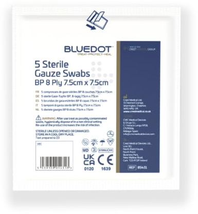 Sterile Mulltupfer, 7,5 cm x 7,5 cm, 5 Stück, einzeln verpackt für Wundversorgung und Erste Hilfe zu Hause
