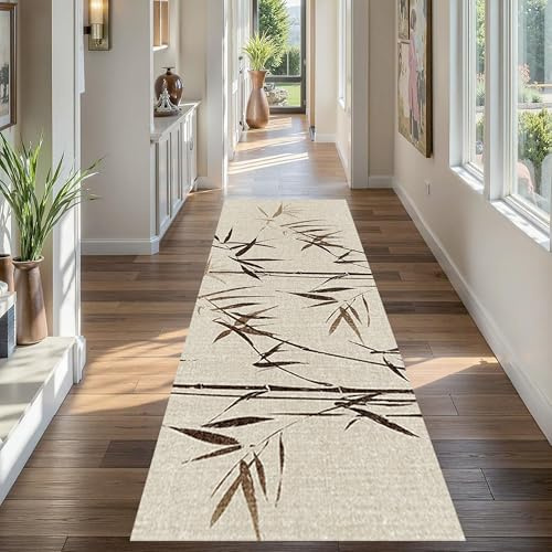 SCUAOMX Zen Rugs for Bedroom, 2x6ft, Traditional Minimalist Ink Painting Zen Decor Bamboo Leaf Runner Rug, Classical Ultra-Thin Foldable Vintage Rugs for Tearoom Study Office Balcony