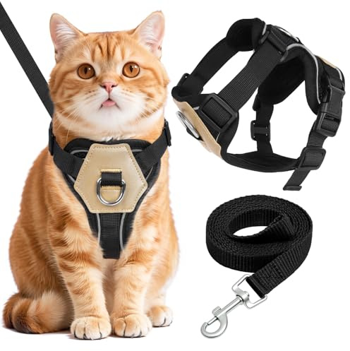 Arnés de pecho para gatos, con correa para gatos, irrompible, con rayas reflectantes, correa suave para gatos, para paseos, viajes (negro, XL)