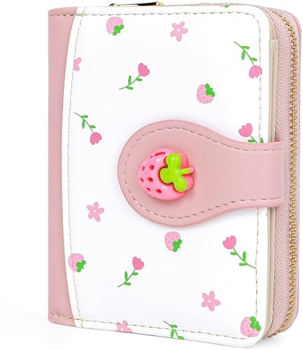 Busnos Geldbörse Damen Geldbeutel Klein Portemonnaie Damen Mini Portmonee for Women Geldbörsen Erdbeeren in Rosa mit Münzfach und Kartenfächern | Geldbeutel aus PU Leder