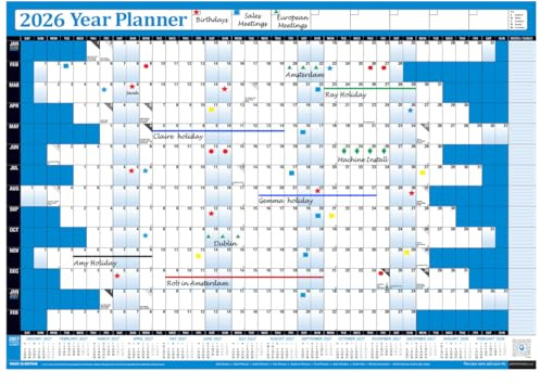 2026 Year Yearly Annual Office Home Wall Planner Calendar Chart Poster/Includes UK & Ireland Bank Holidays/Unmounted Unlaminated (Blue, Extra Large 68cm x 100cm - Rolled)
